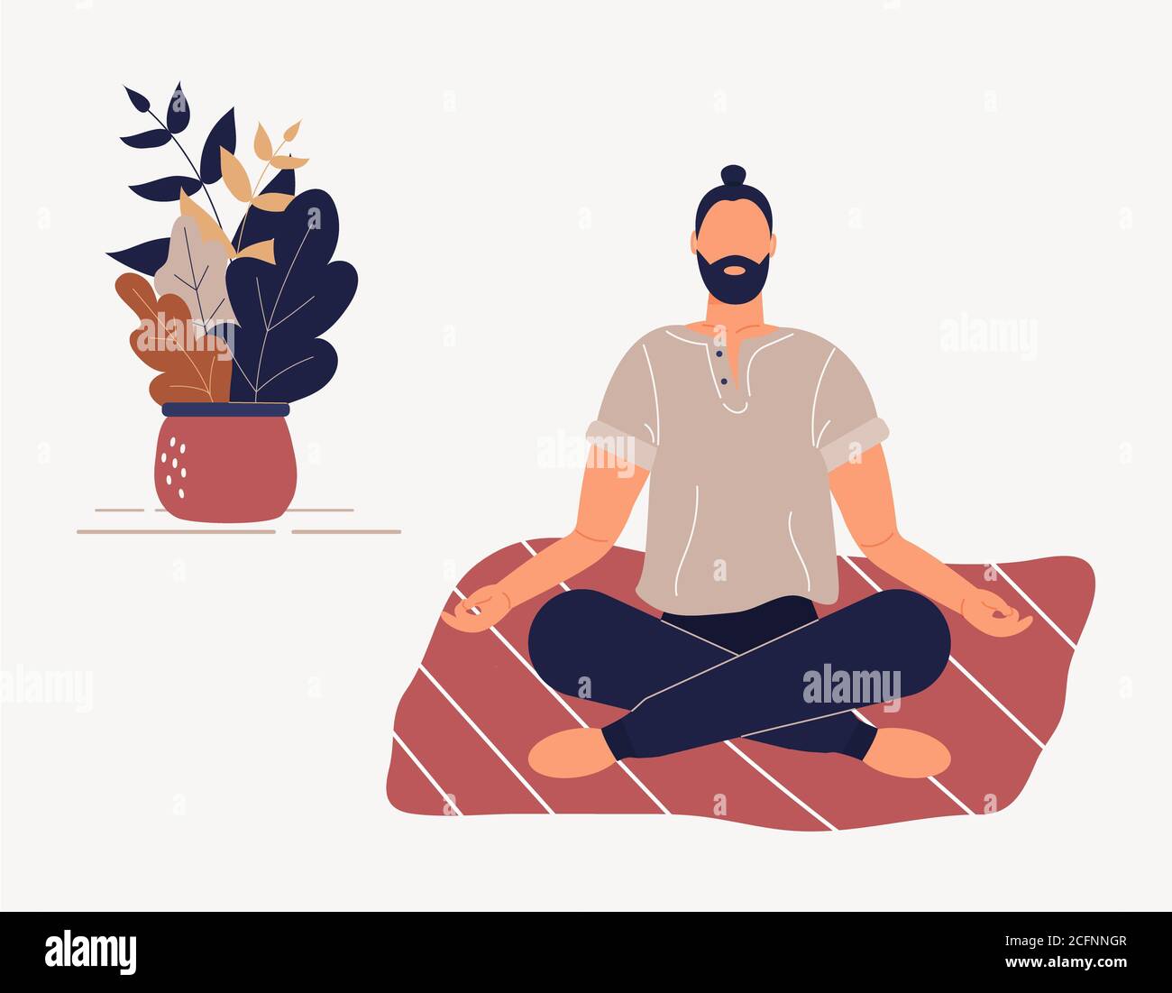 Hipster man sitting with his legs crossed on floor and meditating. Young guy in yoga posture doing meditation, mindfulness practice Stock Photo