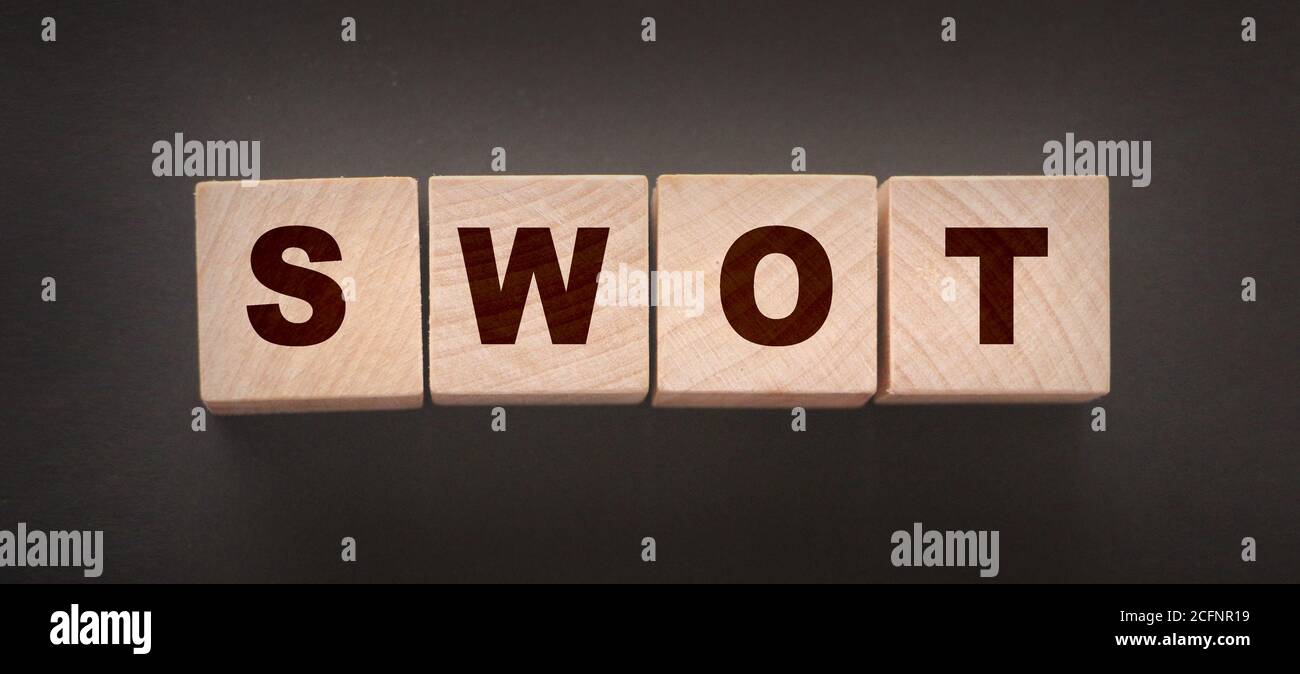 Abbreviation SWOT on wooden cubes. Business analysis concept Stock Photo