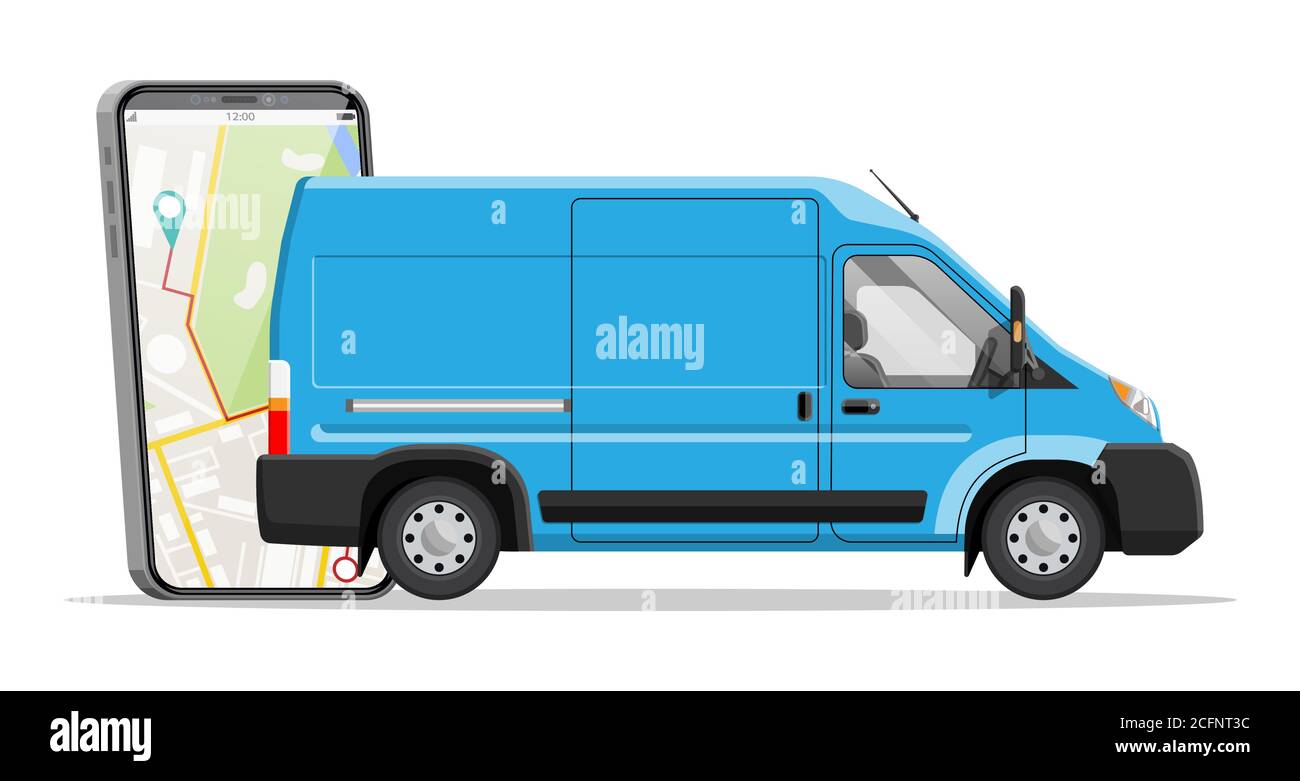 Blue delivery van and smartphone with navigation app. Express delivering  services commercial truck. Concept of fast and free delivery by car. Cargo  and logistic. Cartoon flat vector illustration Stock Vector Image &
