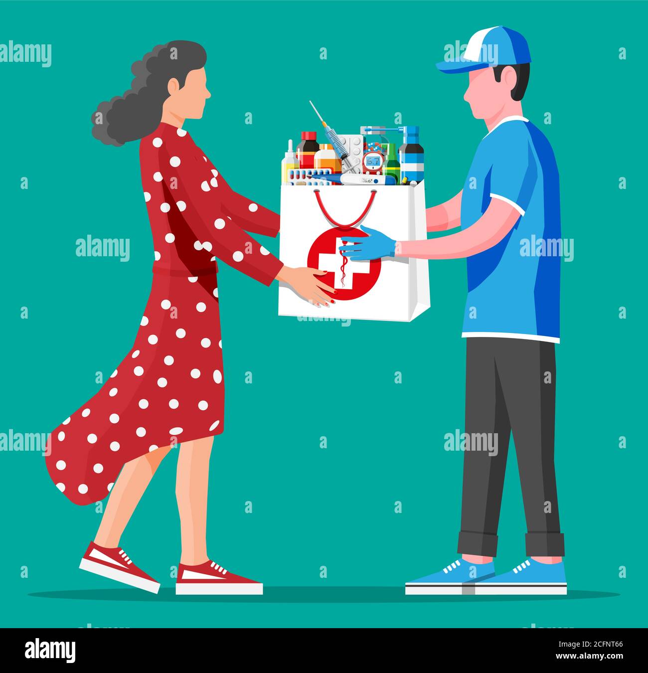 Courier delivered package of drugs to customer. Pharmacy delivery service concept. Delivery man give ordered medical products to woman. Online drugstore or internet shop. Flat vector illustration Stock Vector