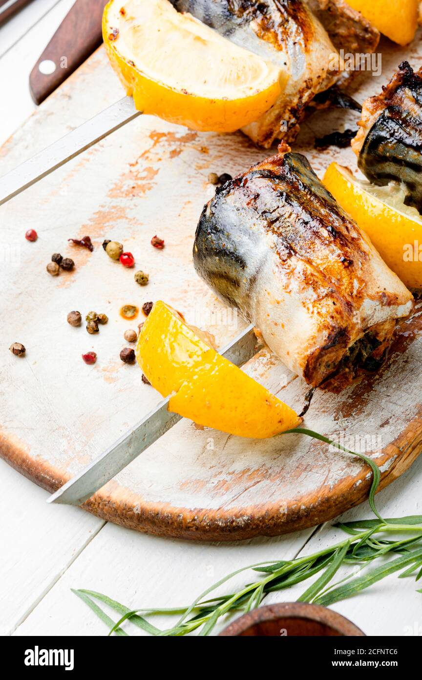 Grilled skewers of mackerel with lemon.Grilled fish kebab Stock Photo Alamy