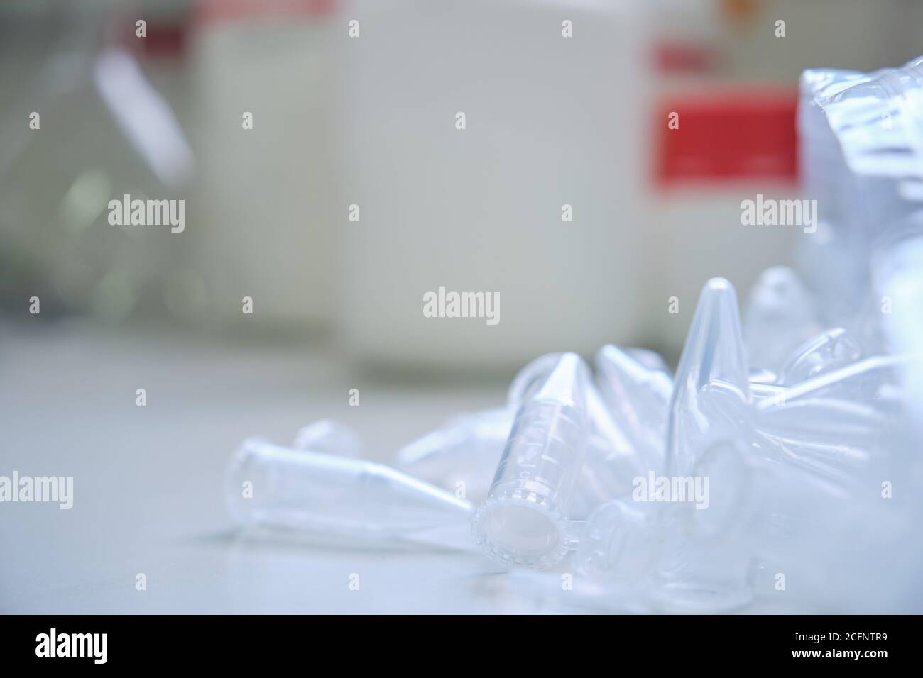 Laboratory eppendorf tubes on a table. Laboratory material. Stock Photo