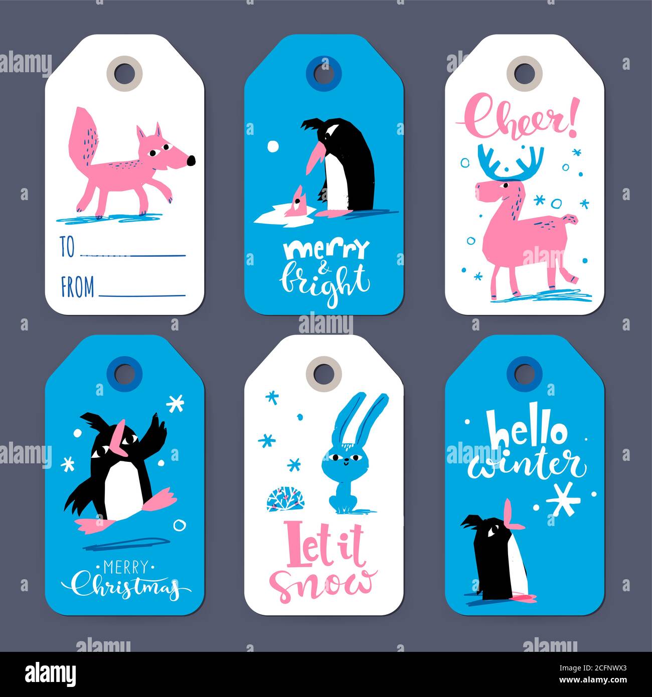 Winter sale Merry Christmas tags with cute penguins and animals Stock Vector