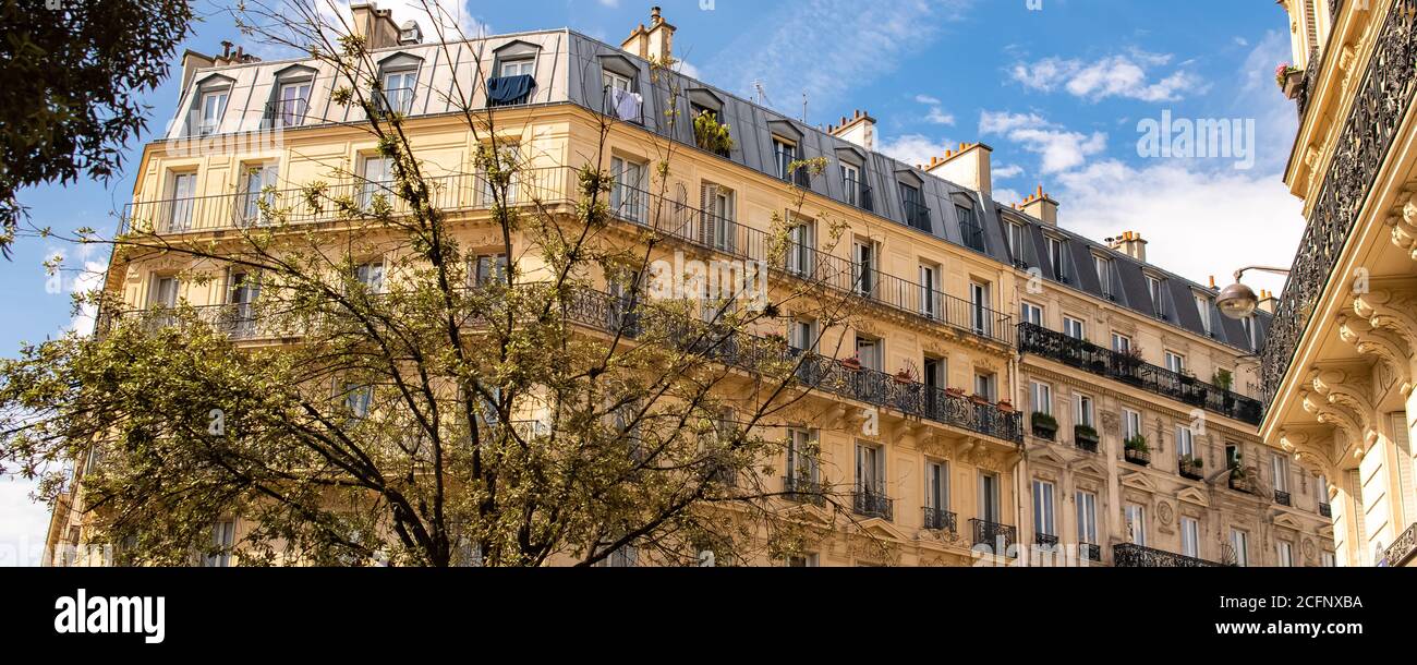 Paris, typical facades and street, beautiful buildings in Montmartre Stock Photo