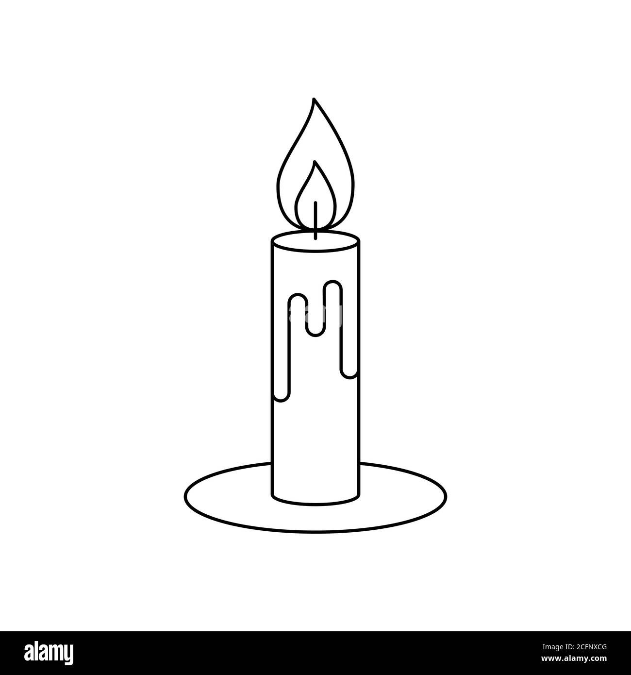 Candle line icon. Burning candle with melted wax. Christmas, Halloween, romantic concept. Candlelight with flame and wick. Thin black outline on white Stock Vector
