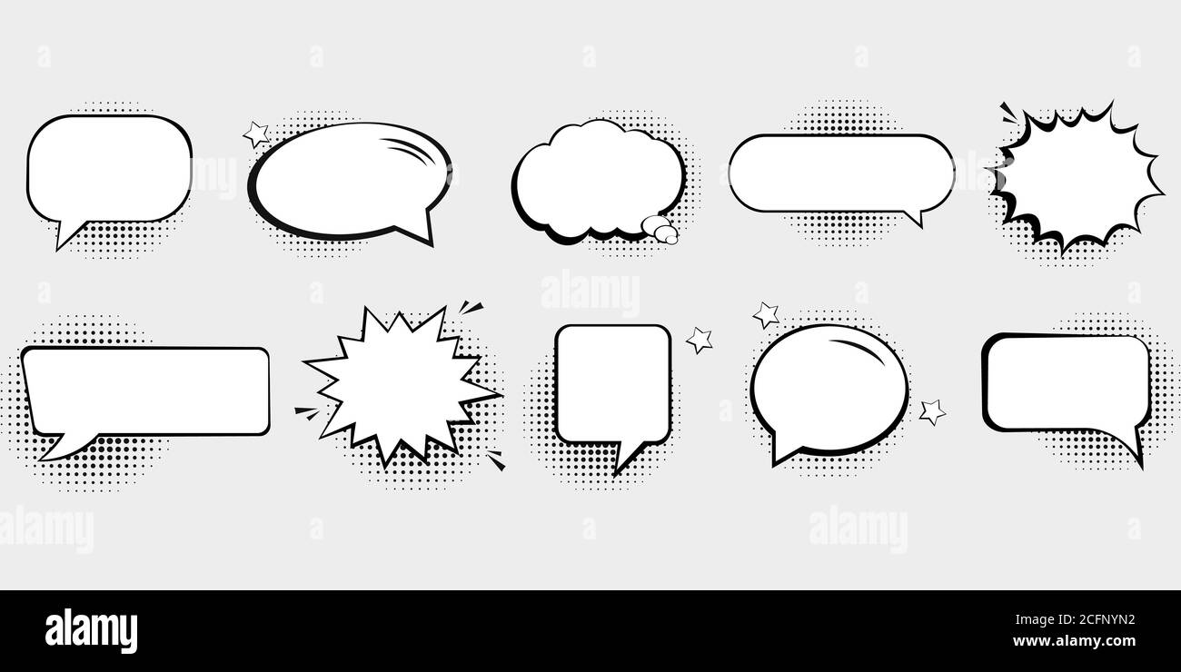 Retro empty comic speech bubbles set with black halftone shadows. Vintage design, pop art style - stock vector. Stock Vector