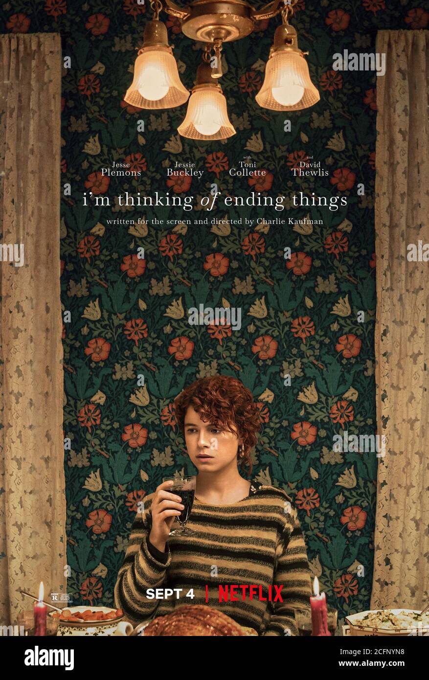 I'm Thinking of Ending Things (2020) directed by Charlie Kaufman and starring Jesse Plemons, Jessie Buckley, Toni Collette and David Thewlis. Adaptation of Iain Reid's novel about a a woman who stays at her boyfriends secluded house only to find her understanding of everything called into question. Stock Photo