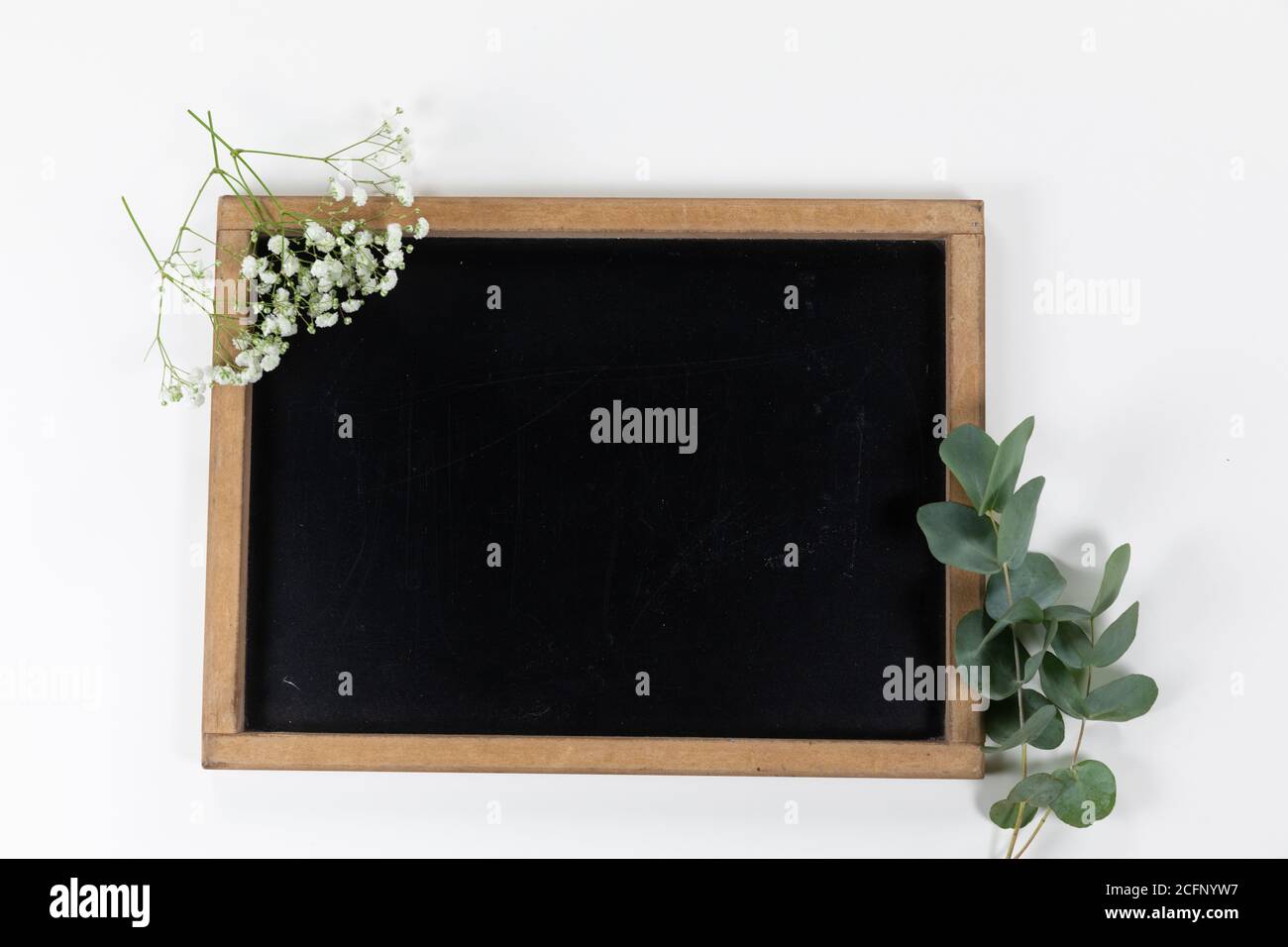 View of a black board surrounded by flowers on white background Stock Photo