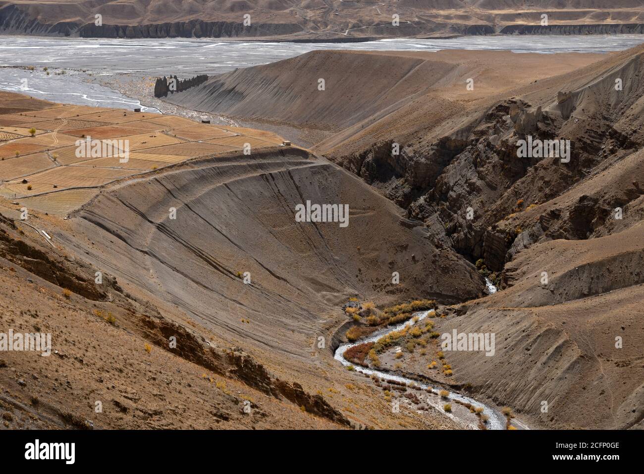 Abstract natural patterns and textures on remote land with small villages, rivers, minimal vegetation, light and shadow Stock Photo