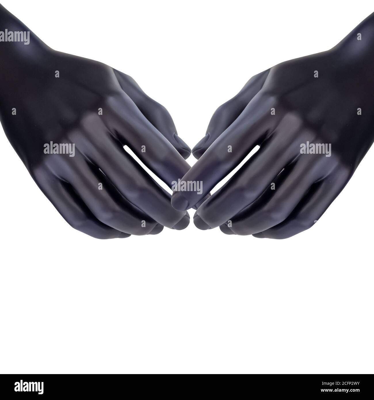 Two black plastic hands are pointed towards each other with closeup