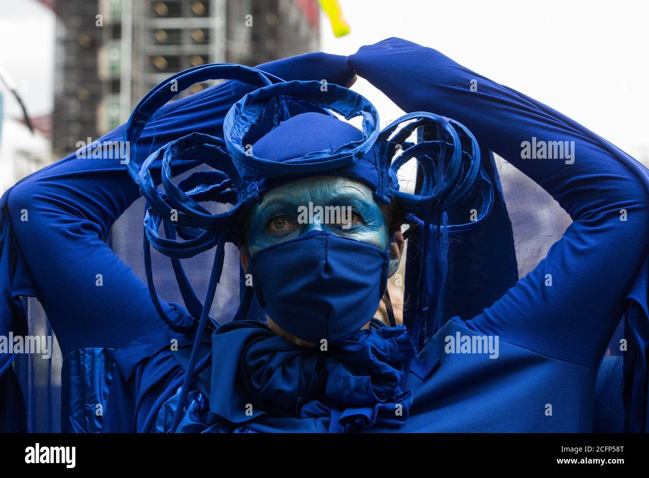 London, UK. 6th September, 2020. Blue rebels join fellow climate activists from the Ocean Rebellion and Extinction Rebellion preparing to take part in a colourful Marine Extinction March. The activists, who are attending a series of September Rebellion protests around the UK, are demanding environmental protections for the oceans and calling for an end to global governmental inaction to save the seas. Credit: Mark Kerrison/Alamy Live News Stock Photo