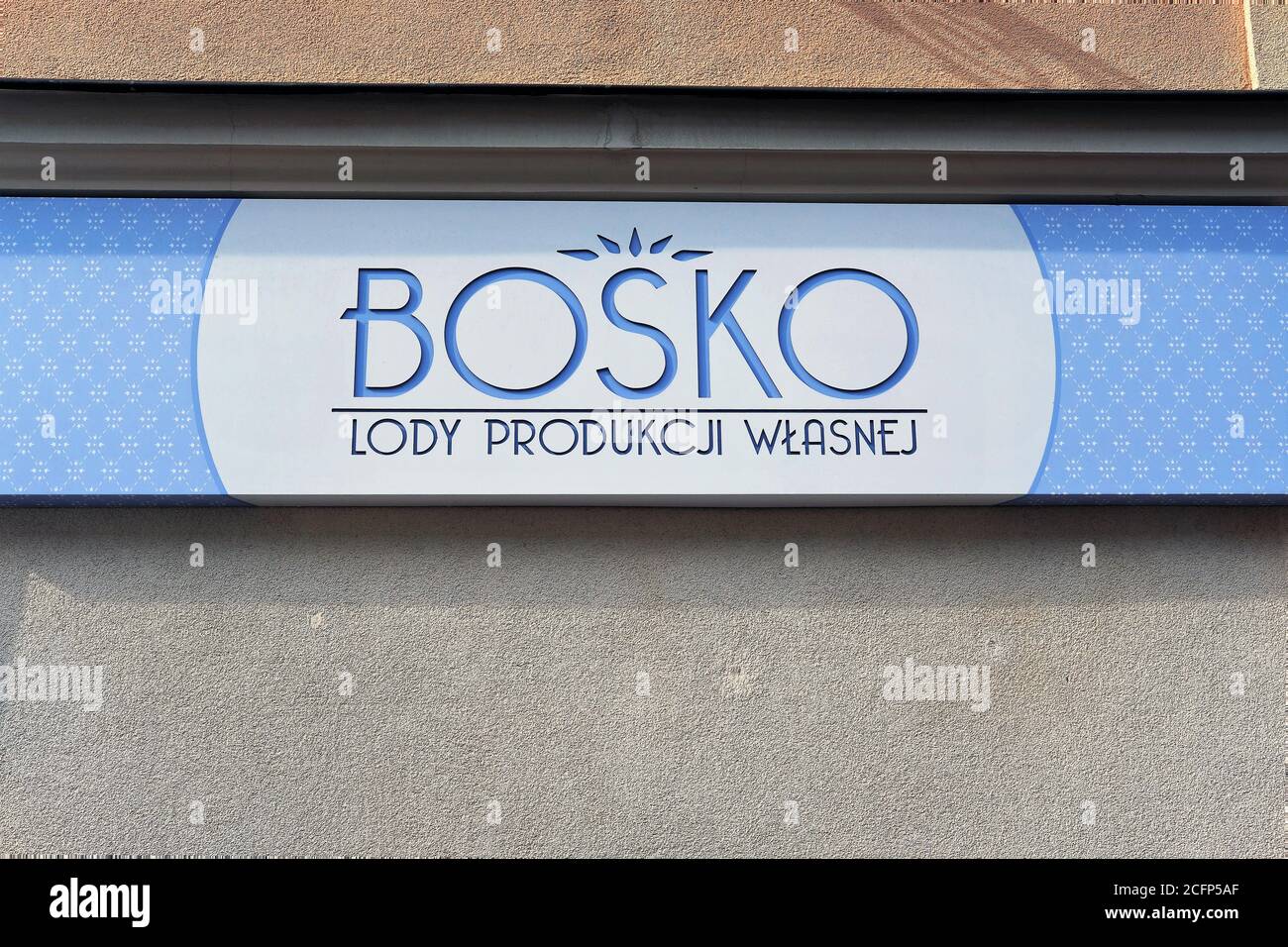 Lublin, Poland. 06/20/2020. Logo of a local famous ice-cream producer 'Bosko. Homemade ice-cream'. Stock Photo