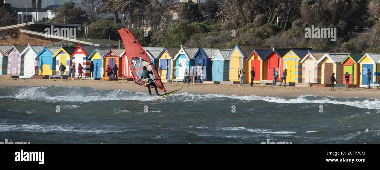 Melbourne Australia. Scenes of daily life in Melbourne Australia . Windsurfing on Port Phillip Bay. Stock Photo