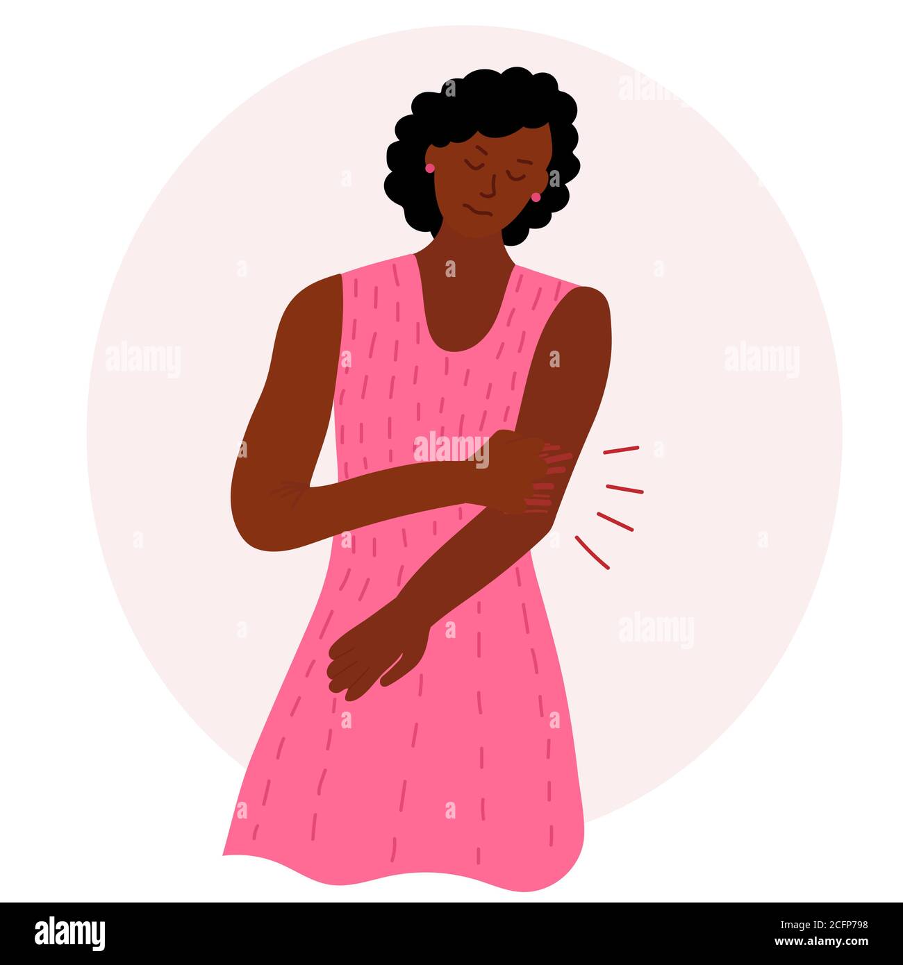 black skin african woman is scratching the skin on her arm in the elbow with nails. Eczema, allergies, atopic dermatitis, dry skin. Skin problems Stock Vector