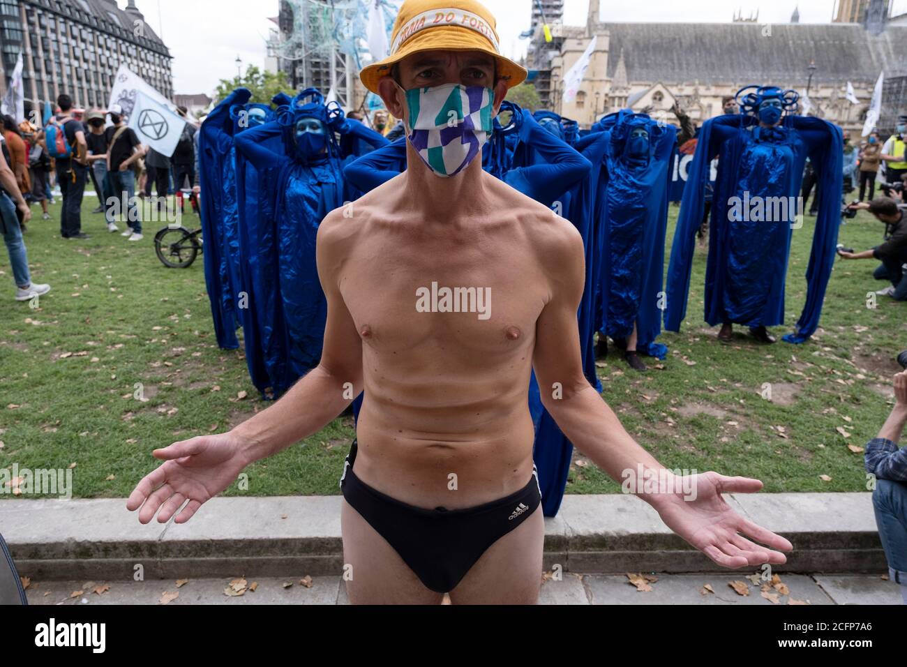 Extinction Rebellion activist swimmer as the Blue Rebels perform at the Marine Rebellion march on 6th September 2020 in London, United Kingdom. Ocean Rebellion, Sea Life Extinction, Animal Rebellion and Extinction Rebellion joined together to celebrate the biodiversity found in our seas, and to grieve at the destruction of the Earth’s oceans and marine life due to climate breakdown and human interference, and the loss of lives, homes and livelihoods from rising sea levels. Extinction Rebellion is a climate change group started in 2018 and has gained a huge following of people committed to peac Stock Photo