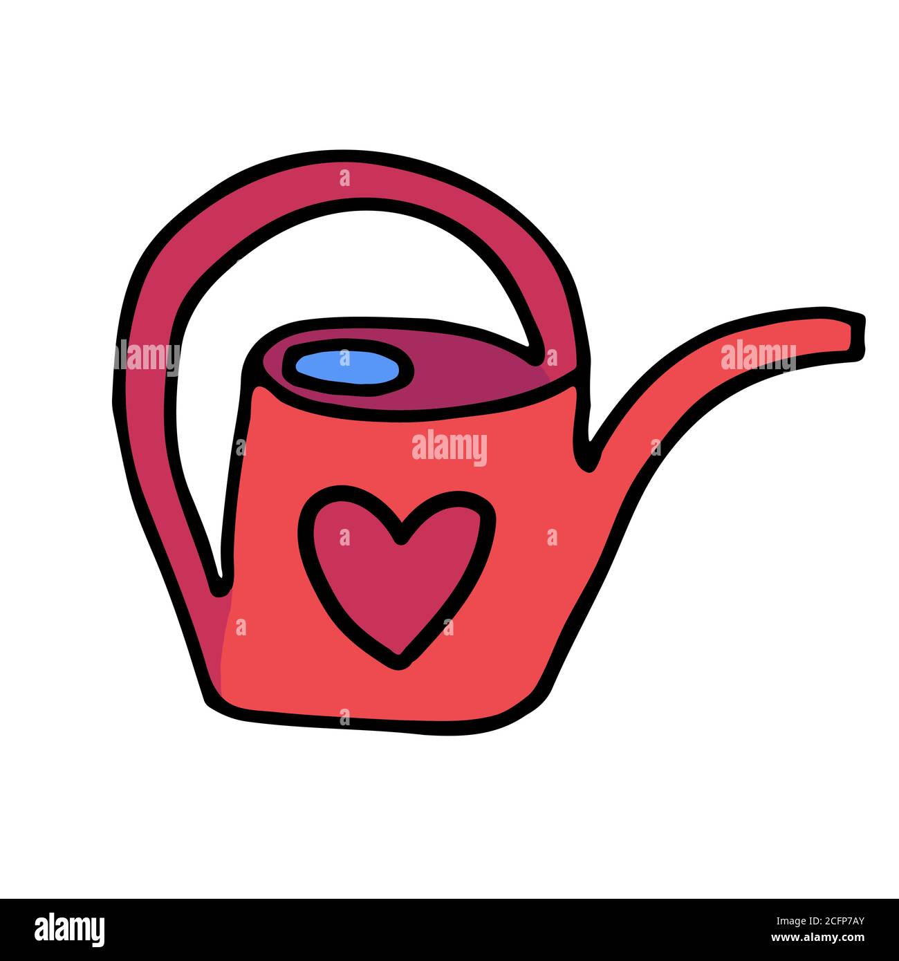 Red Hand drawn doodle children s watering can with a long nose and a