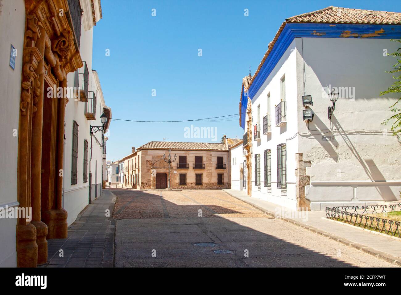 Santo Domingo square (Plaza de Santo Domingo) with old and historic palaces in the village of Almagro, Spain. Province of Ciudad Real, Castilla La Man Stock Photo