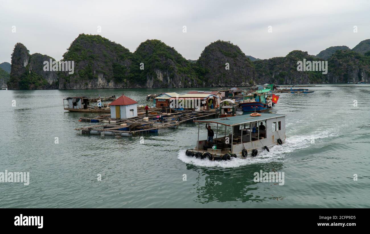 Cat Ba, Vietnam - November 19, 2019 : Fishing boat with clam shellfish passes floating village, near Ha Long Bay, mountain karst, overcast sky. Stock Photo