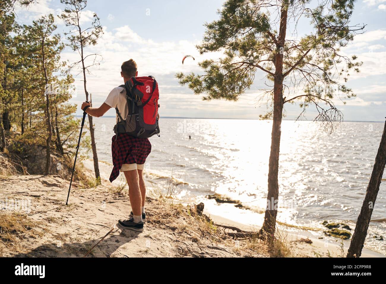 Male with rucksack going nordic walking in nature Stock Photo