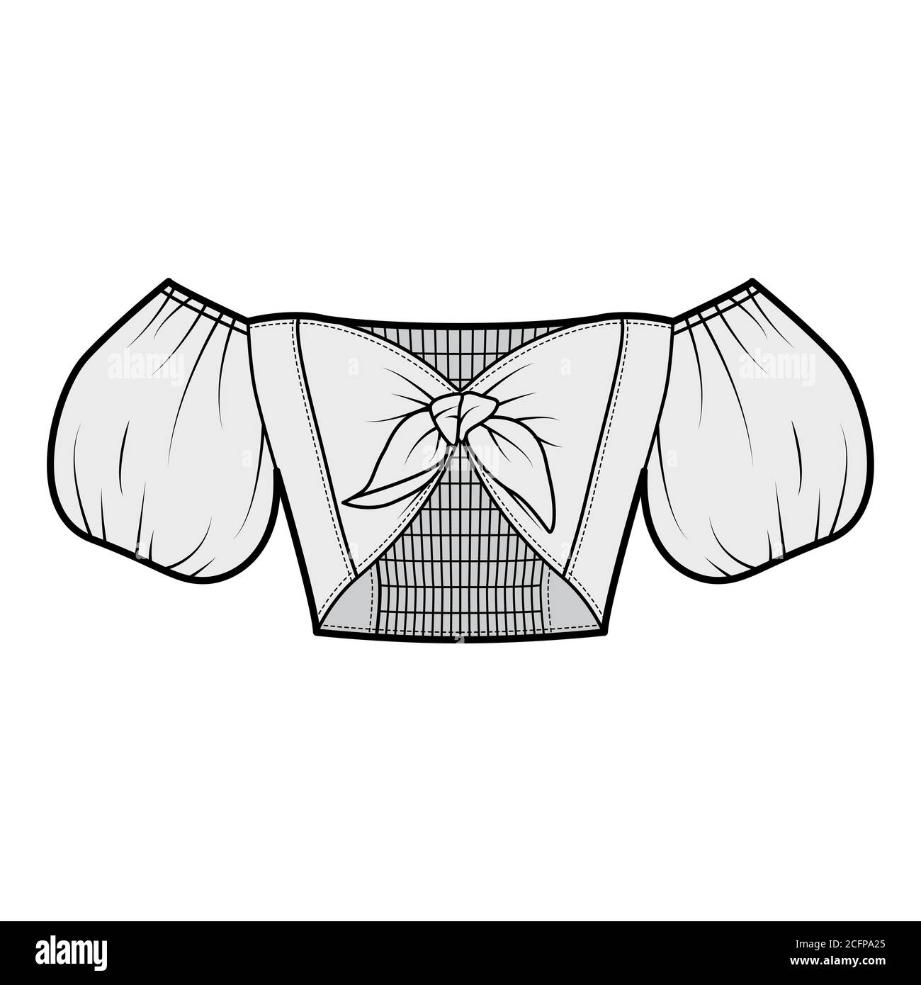 Tie-front cropped off-the-shoulder top technical fashion illustration with bow-detailed front, short puffy blouson sleeves, partially elasticated back. Flat template grey color. Women men unisex CAD Stock Vector