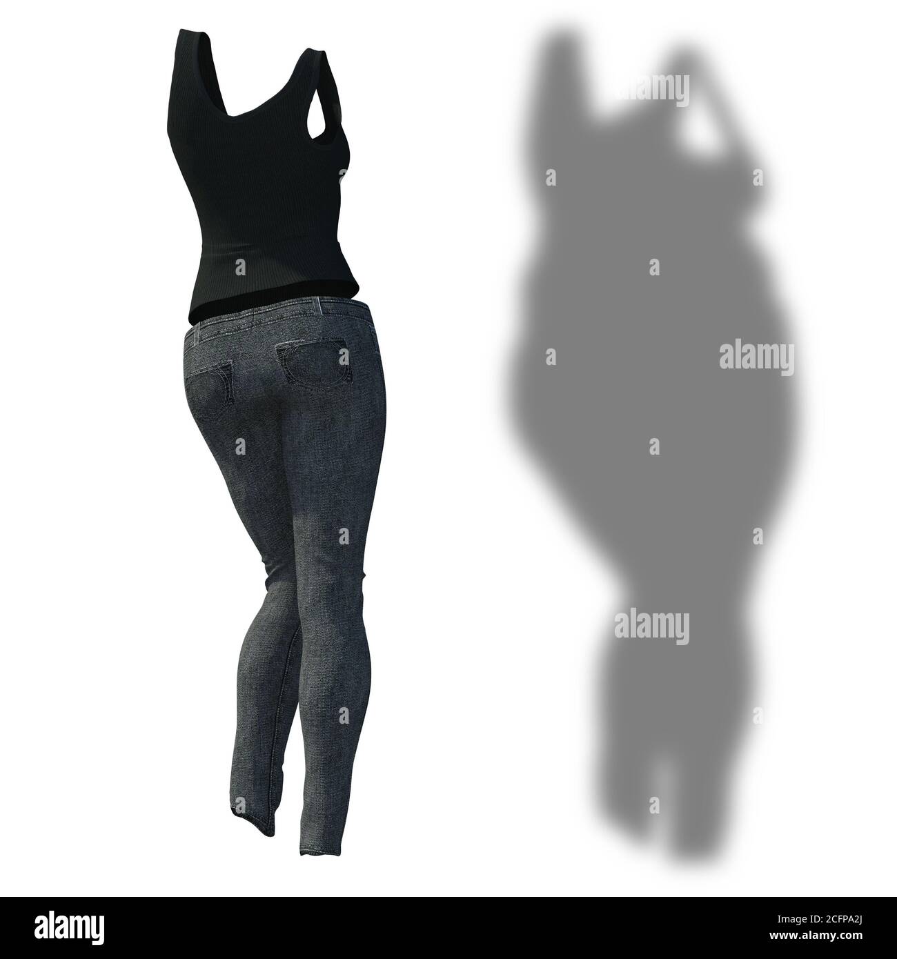 Conceptual fat overweight obese shadow female jeans undershirt vs slim fit healthy body after weight loss or diet thin young woman on white Stock Photo