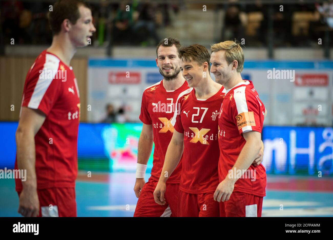 Tænke Ugle kirurg The Danish players Mads Christiansen (3), Michael Damgaard Nielsen (27) and  Peter Balling Christensen (29) celebrate the 33-28 victory over Norway at  the Golden League tournament in Oslo (Gonzales Photo/Jan-Erik Eriksen).  Oslo,