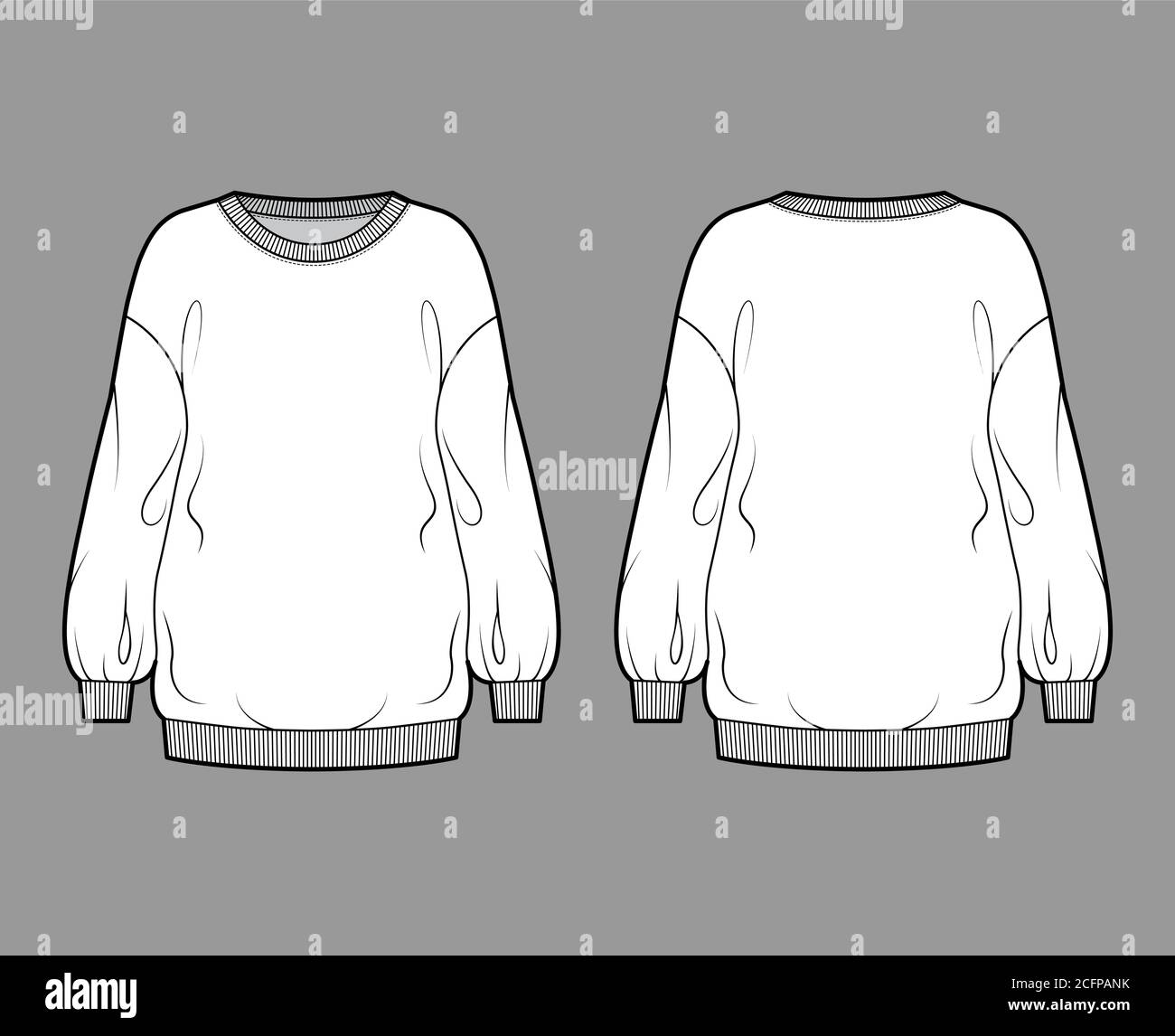 Cotton-terry slouchy oversized sweatshirt technical fashion illustration with loose relaxed fit, crew neckline, long sleeves. Flat jumper template front, back white color. Women, men, unisex top CAD Stock Vector