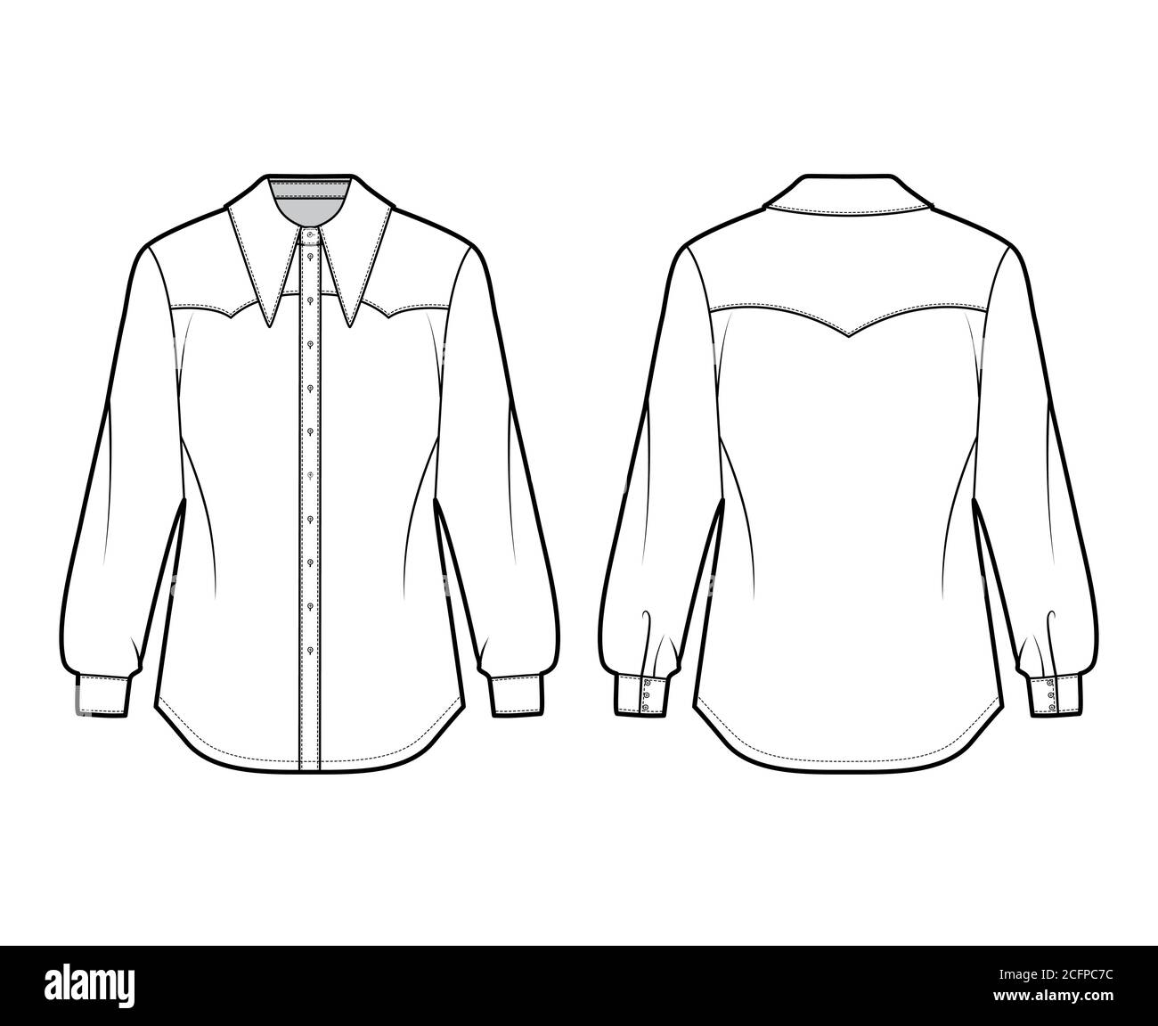 Western-inspired shirt technical fashion illustration with long sleeves ...