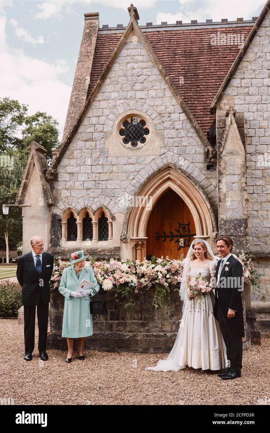 This official file wedding photograph released by the Royal Communications of Princess Beatrice and Edoardo Mapelli Mozzi shows them outside The Royal Chapel of All Saints at Royal Lodge, Windsor after their wedding with Queen Elizabeth II and the Duke of Edinburgh. Issue date: Monday September 7, 2020. Beatrice's vintage wedding dress is to go on public display at Windsor Castle. First worn by the Queen in the 1960s, it was loaned to Beatrice by her grandmother for her secret, low-key wedding. See PA story ROYAL Beatrice. Photo credit should read: Benjamin Wheeler/PA Wire NOTE TO EDITORS: Stock Photo