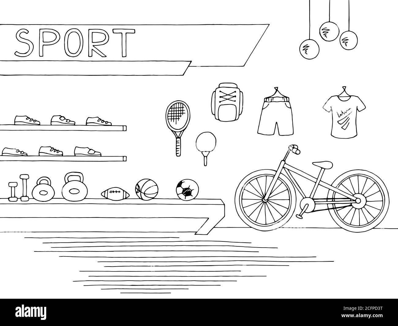 Sport shop store graphic interior black white sketch illustration vector Stock Vector