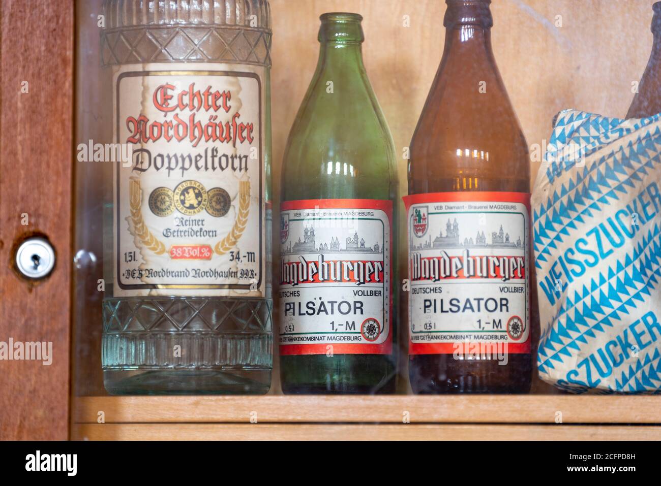 Magdeburg, Germany. 04th Sep, 2020. Empty beer bottles of the brand Magdeburger "Pilsator" are standing in a cupboard in the city hall. They are to be sold at a flea market with the entire inventory of the building. Subsequently, the Stadthalle is to be renovated within three years. Costs: around 70 million euros. The building was erected between 1926 and 1927 on the occasion of the German Theatre Exhibition in the style of New Building. The architects were Johannes Göderitz and Wilhelm Deffke. Credit: Stephan Schulz/dpa-Zentralbild/ZB/dpa/Ģ����ý Live News Stock Photo