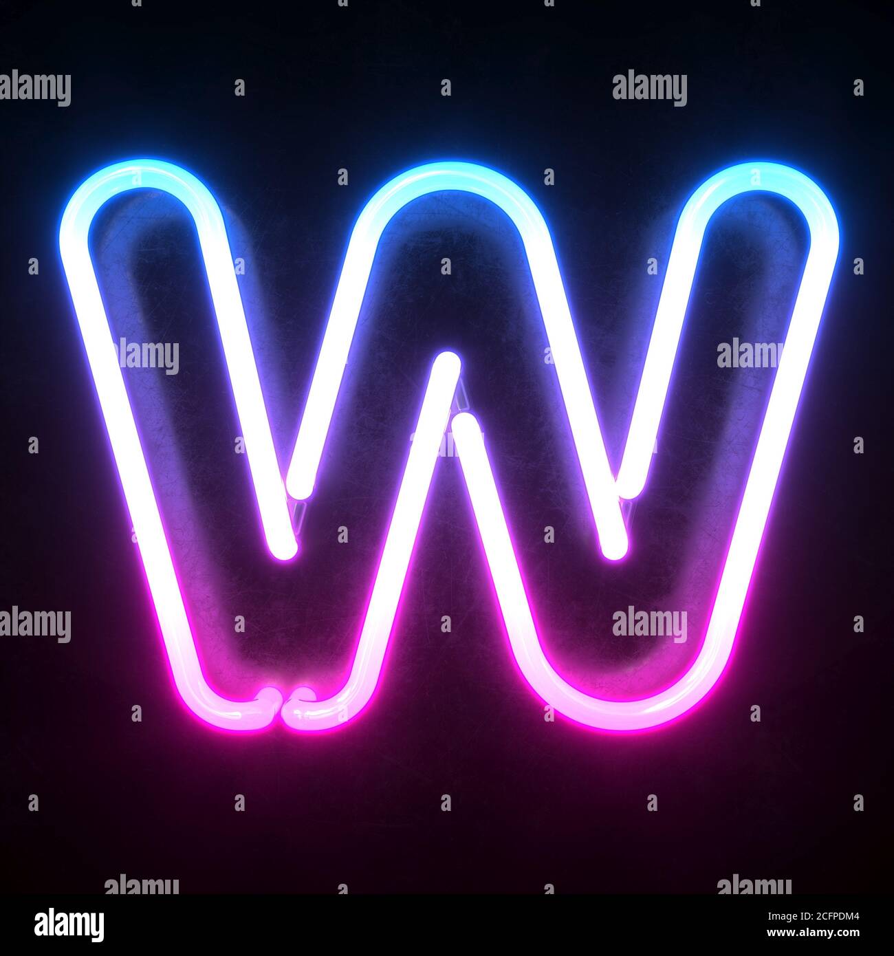 Neon 3d font, blue and pink neon light 3d rendering, letter W Stock Photo