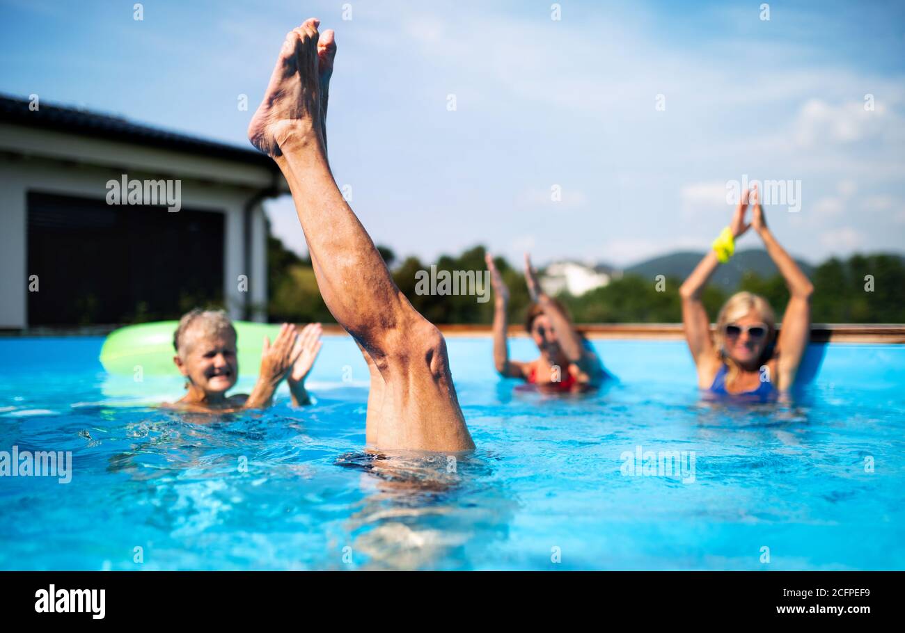 Senior Pool Fun Group of seniors in swimming pool outdoors in backyard, having fun ...
