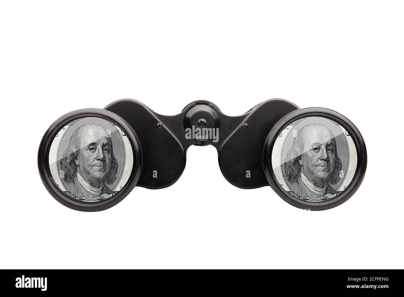 Studio shot looking through binoculars with dollar signs isolated. Stock Photo