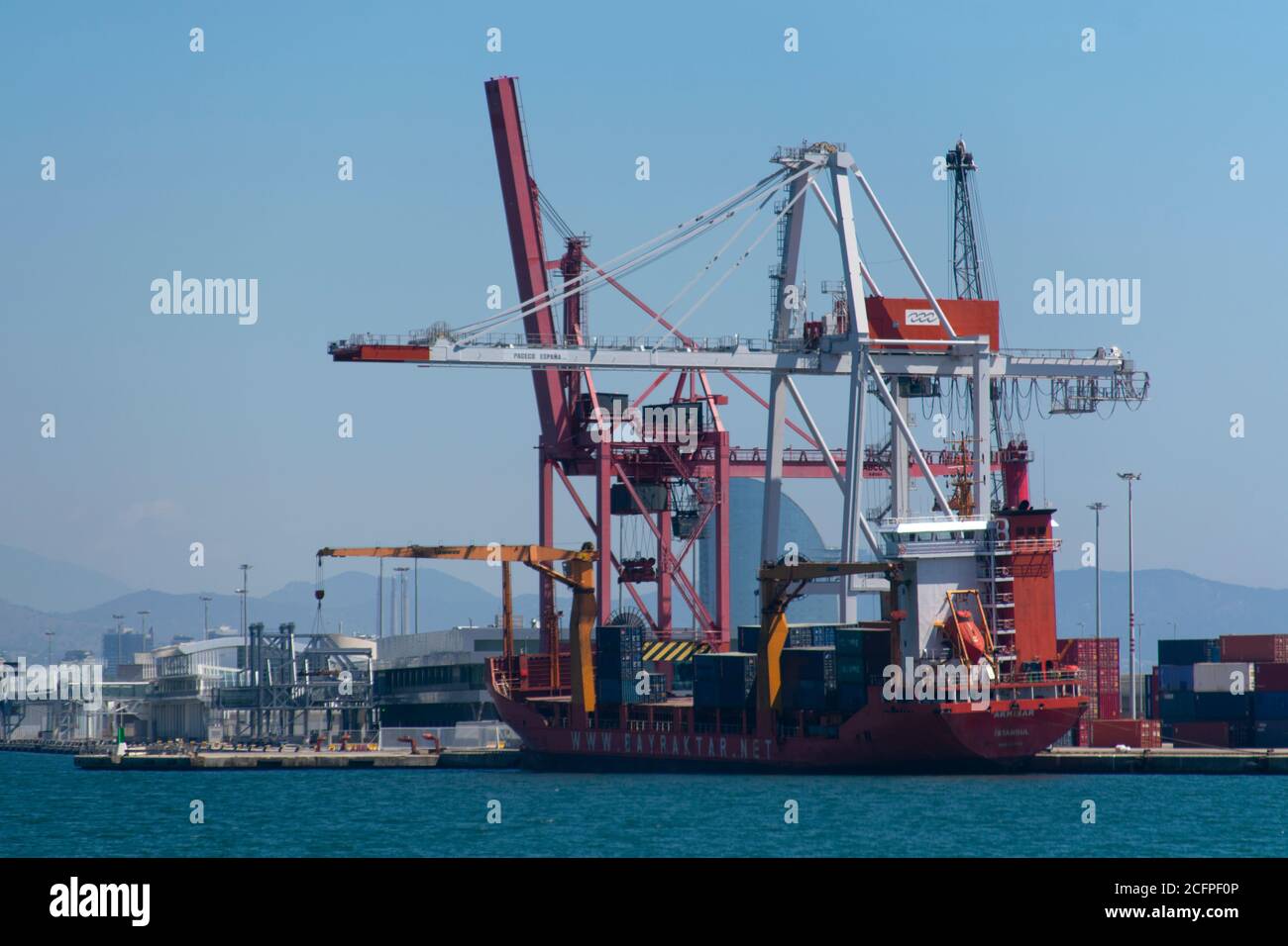 Container ship Akishar of the Bayraktar company docked in the port of Barcelona on July 19, 2020. Stock Photo