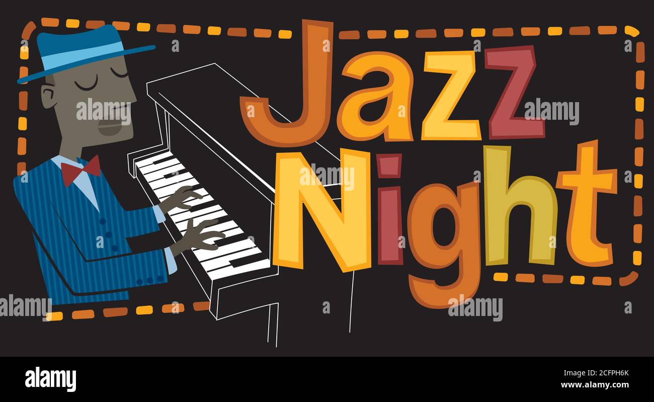 Retro style illustration of a man playing the piano. Next to it, the phrase “Jazz Night” is written. Stock Vector
