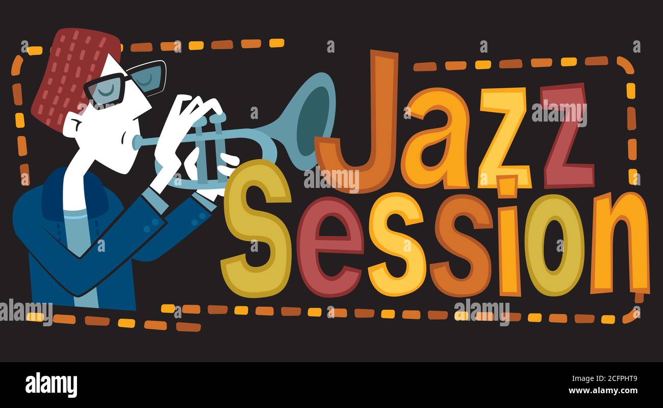 Retro style illustration of a man playing the trumpet. Next to it, the phrase “Jazz Session” is written. Stock Vector