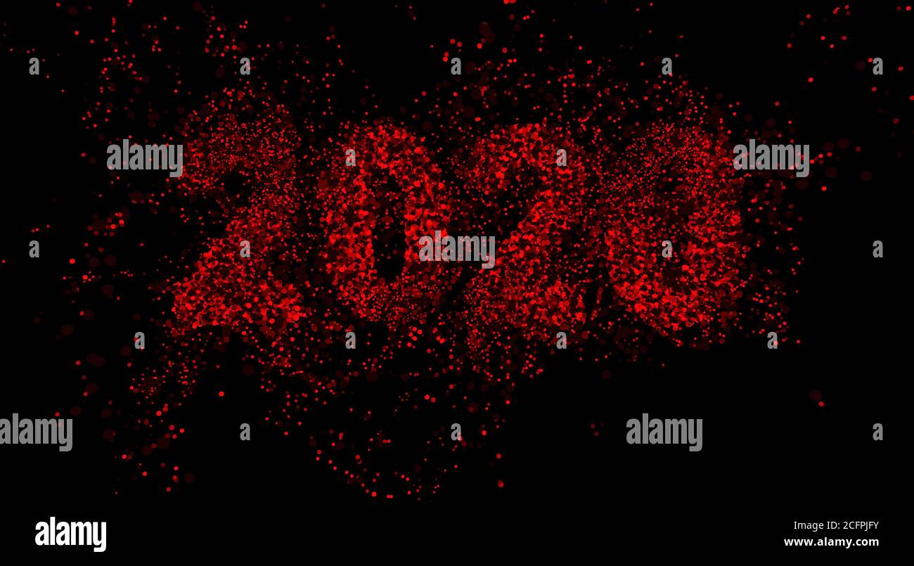 A close up view of numbers made up of red virus molecules spelling out 2020 on a black background - 3D render Stock Photo