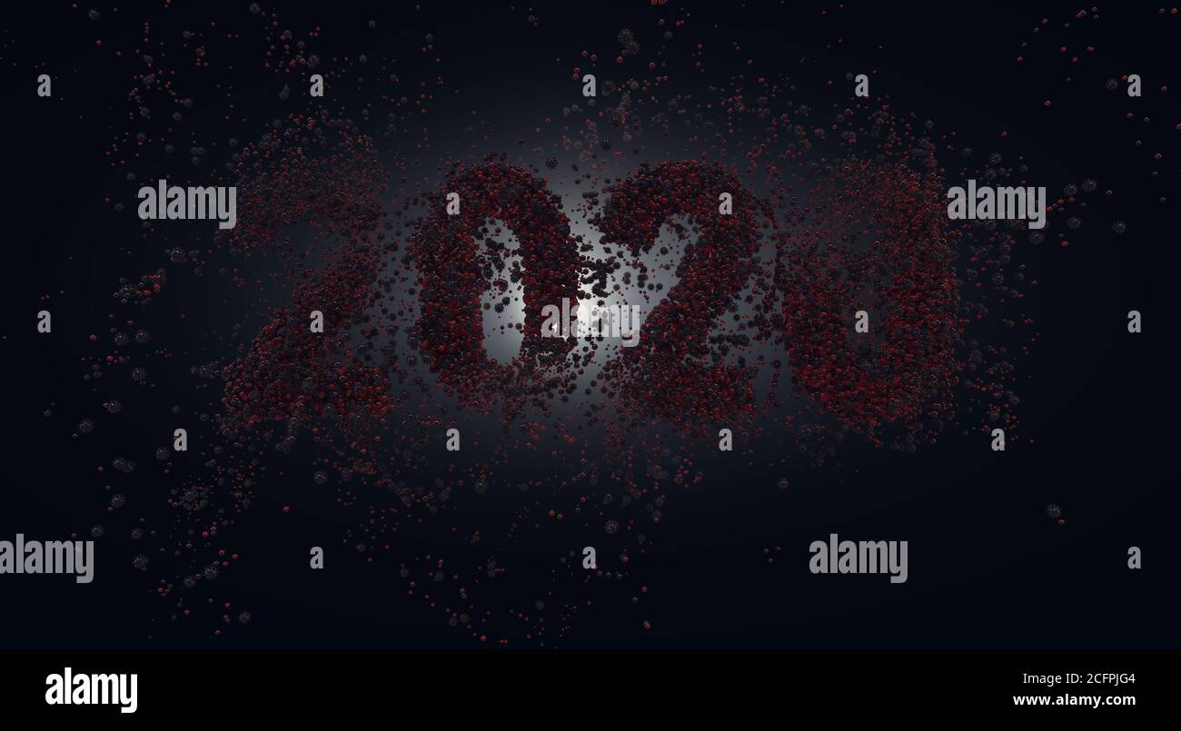 A close up view of numbers made up of red virus molecules spelling out 2020 on a black background - 3D render Stock Photo