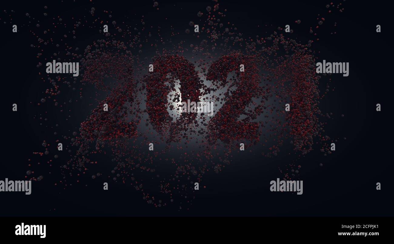 A close up view of numbers made up of red virus molecules spelling out 2021 on a black background - 3D render Stock Photo