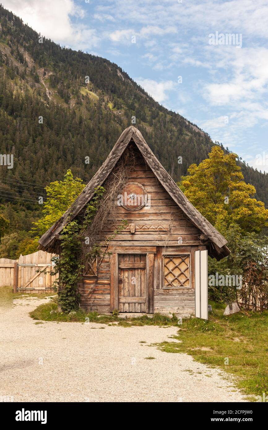 Wooden hut as a film set in the Viking village Flake at Walchensee. Stock Photo