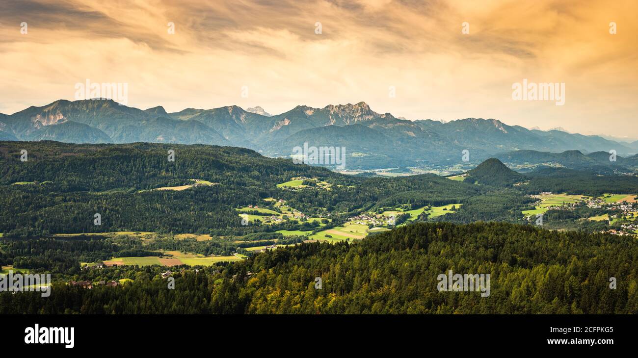 Panorama of Alpine mountains near Lake Worthersee and Velden city Stock Photo
