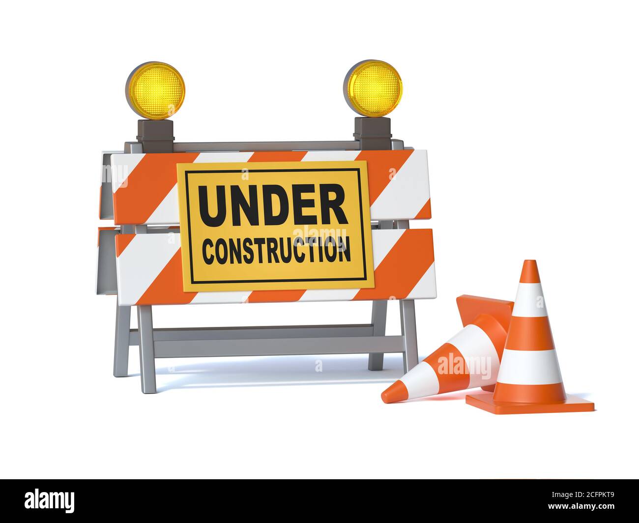 Under construction sign board and traffic cones, 3d rendering Stock
