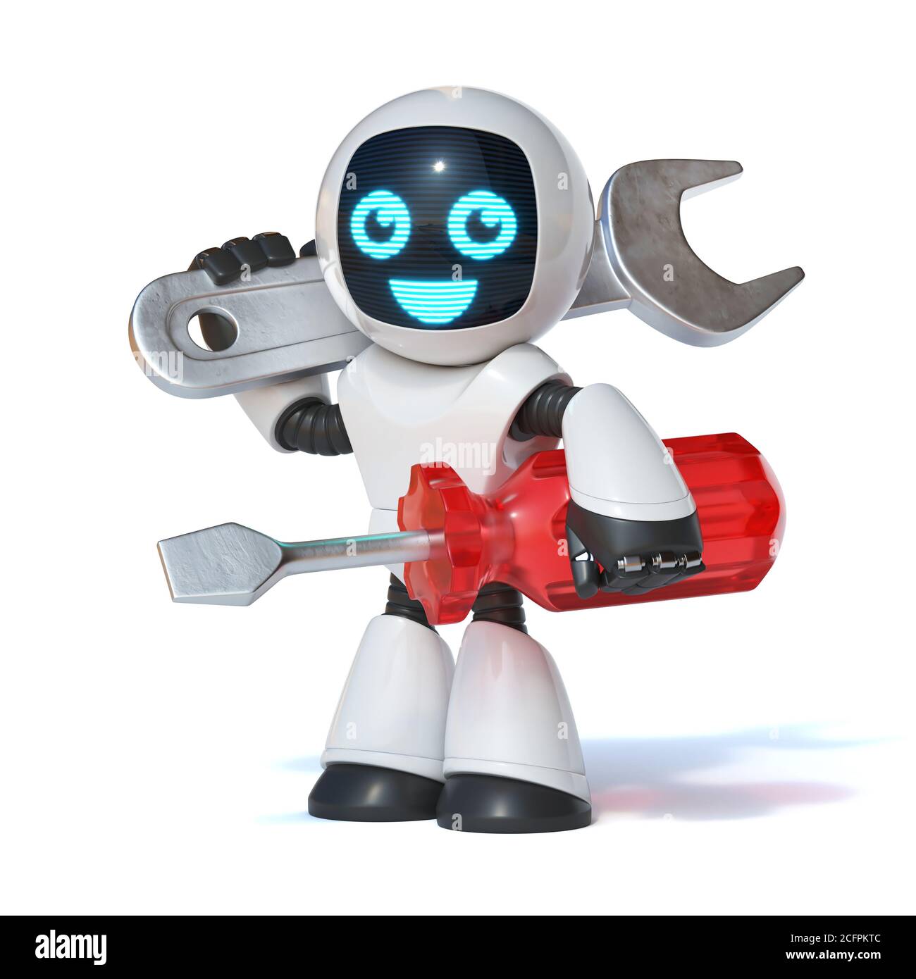 Repair robot holding wrench tool and screwdriver, IT support, 3d