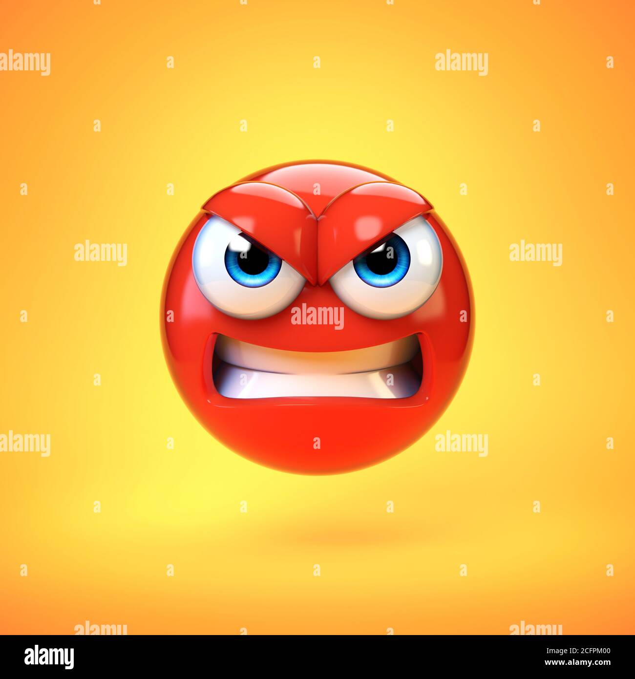 Angry emoji isolated on yellow background, mad emoticon 3d rendering Stock Photo