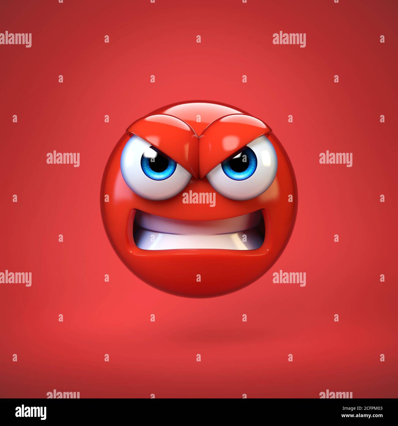 Angry emoji isolated on red background, mad emoticon 3d rendering Stock Photo