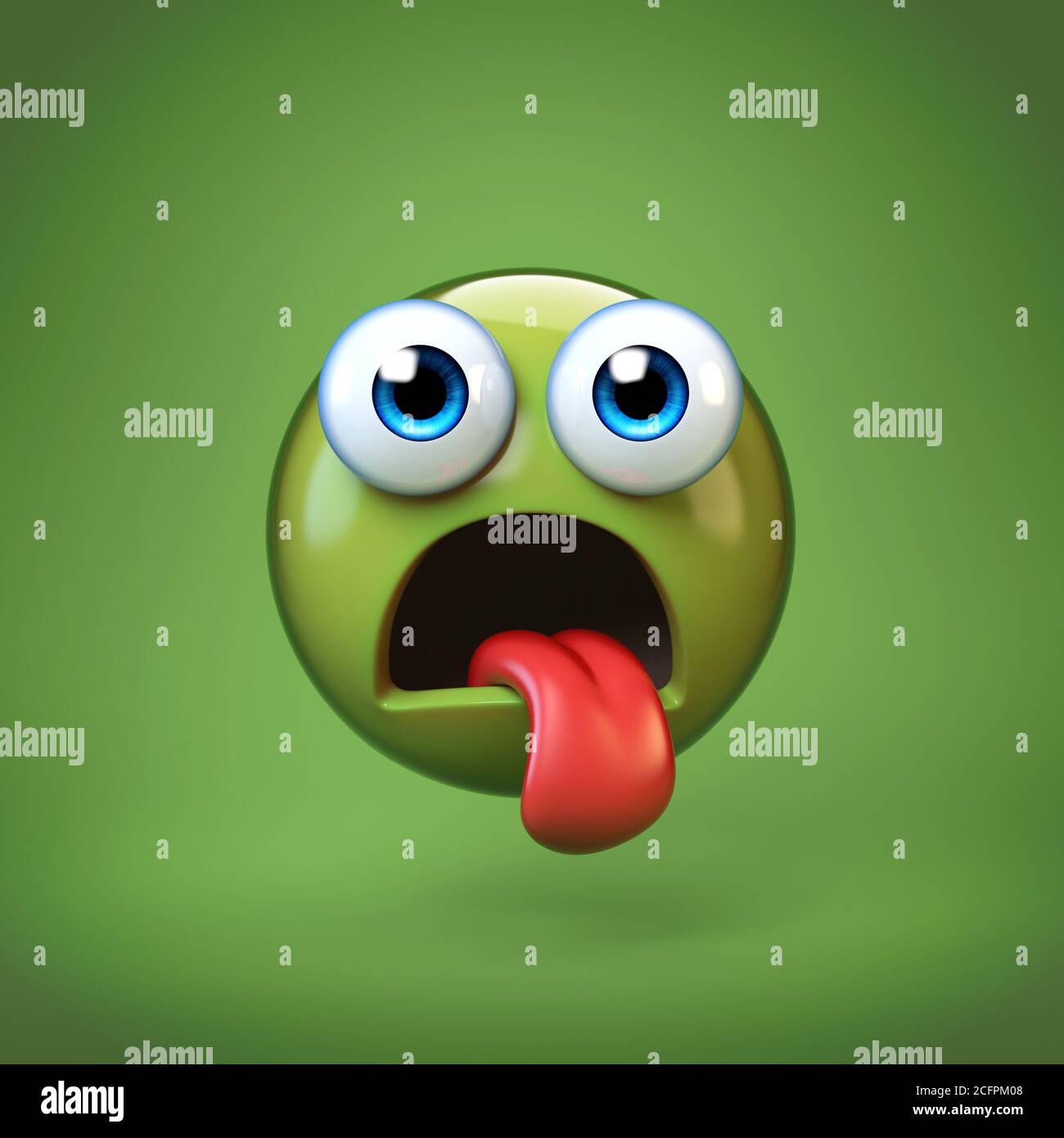 Sick emoji isolated on green background, green face emoticon 3d rendering Stock Photo