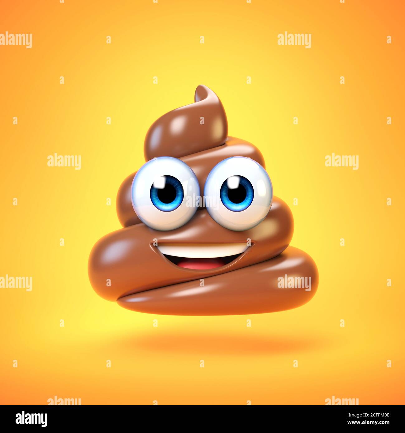 Poop emoji isolated on yellow background, poo emoticon 3d rendering