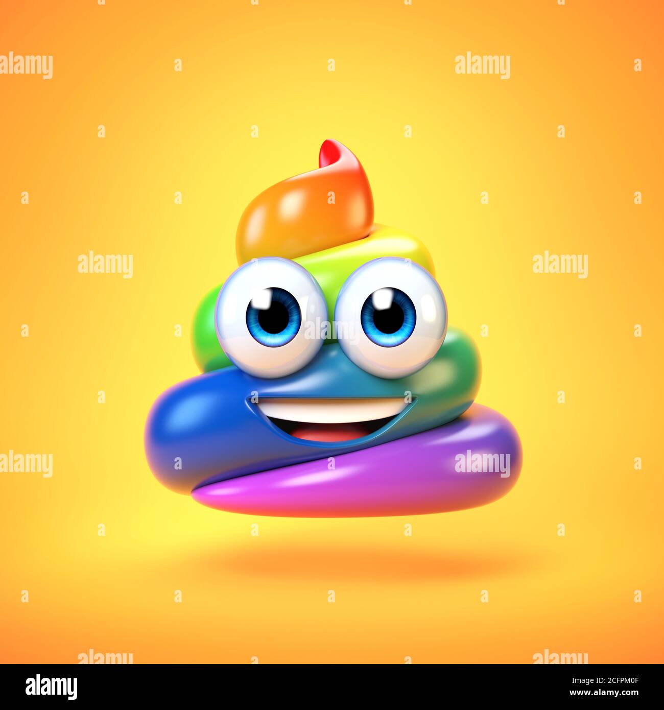 Rainbow Poop emoji isolated on yellow background, colorful poo emoticon 3d rendering Stock Photo