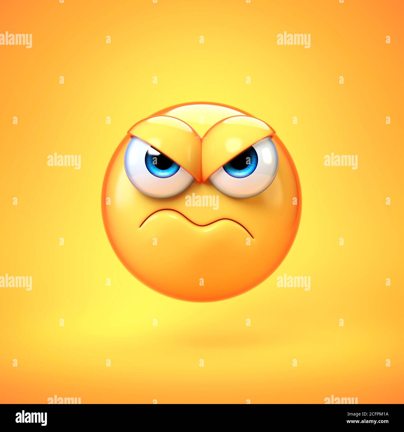 Grumpy emoji isolated on yellow background, frowned emoticon 3d rendering Stock Photo